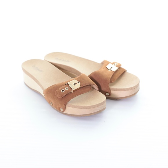 Dr. Scholl’s Original Too Slide Brown Suede Cushioned Wooden Platform Sandals 8M - Picture 1 of 8